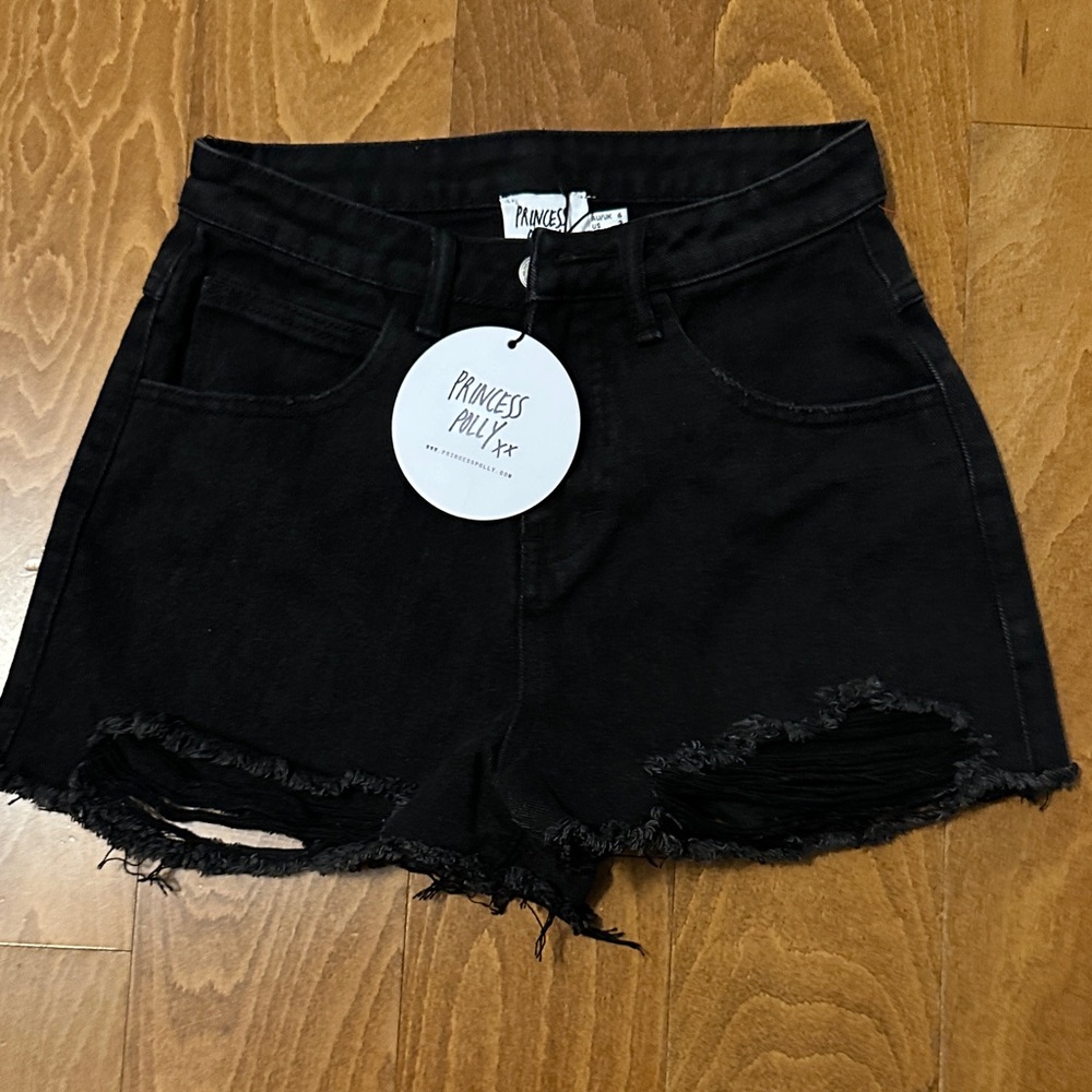 Princess Polly Denim Shorts Distressed‎ High Rise Black Frayed Festival Y2K